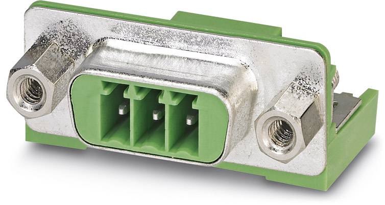 Ein rechteckiger grüner Steckverbinder mit drei Steckplätzen in einem Metallgehäuse, geeignet für industrielle Anwendungen.