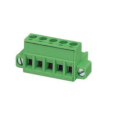 Grüner elektrischer Steckerblock mit fünf Steckplätzen und Seitenschrauben.