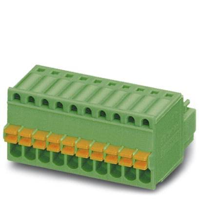 Grüner Steckverbinder mit mehreren gelben Anschlussklemmen, geeignet für elektrische Verbindungen in industriellen Anwendungen.