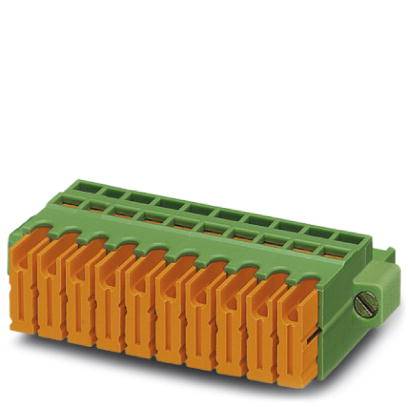 Ein grüner elektrischer Steckverbinder mit orangefarbenen Drahtklemmen, geeignet für Verdrahtungsaufgaben und industrielle Anwendungen.