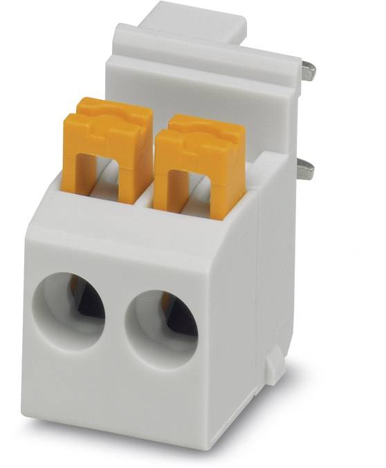 Zweipoliger, steckbarer Schraubklemmenblock mit orangefarbenen Hebeln, der für den elektrischen Anschluss verwendet wird.