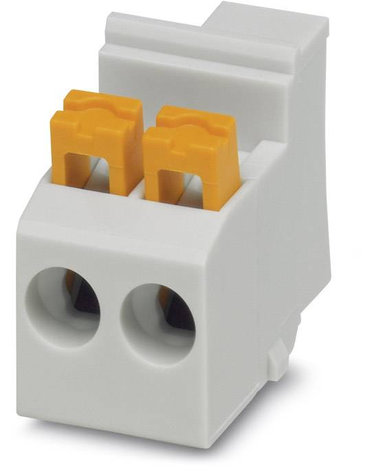 Ein grau-weißes elektrisches Steckklemmengehäuse mit zwei orangefarbenen Hebeln, die Drahtverbindungen ermöglichen.
