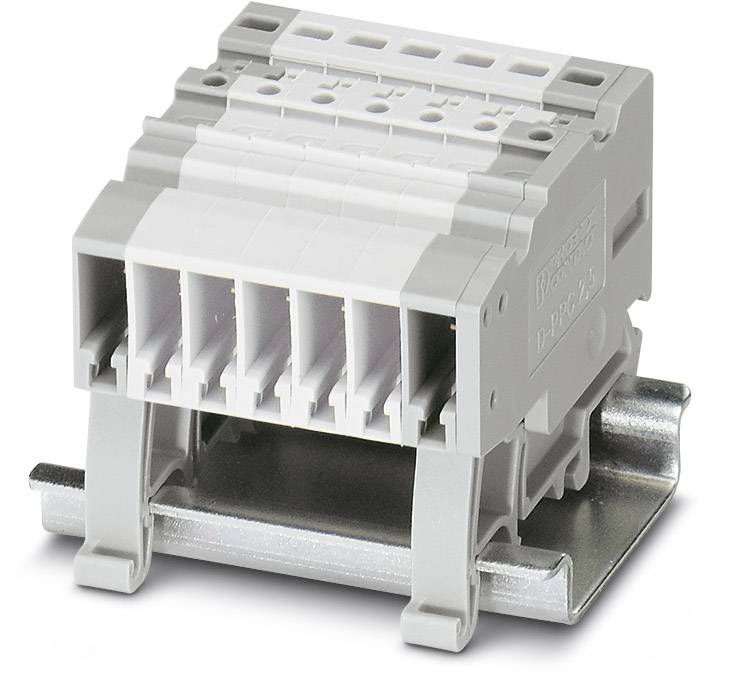 Ein grauer, modularer Klemmenblock auf einer Metallmontageschiene. Er hat fünf Anschlussklemmen und ist für elektrische Verbindungen vorgesehen.