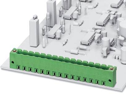 Grüne Steckklemme auf einer weißen Leiterplatte mit verschiedenen elektronischen Komponenten.