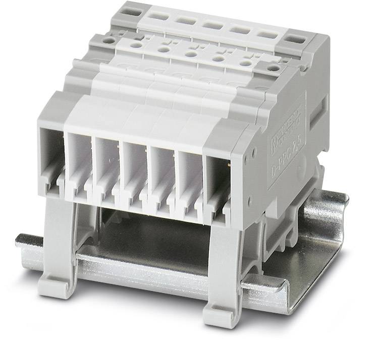 Grauer mehrpoliger elektrischer Steckverbinder auf einer Metallschiene montiert, mit sechs Anschlüssen für elektrische Verbindungen.