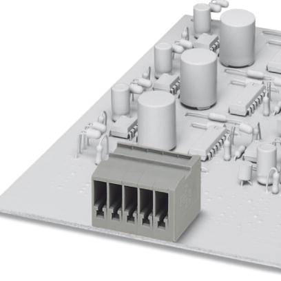 Eine graue Leiterplatte mit mehreren elektronischen Komponenten, darunter zylindrische Kondensatoren und ein rechteckiger Steckverbinder.