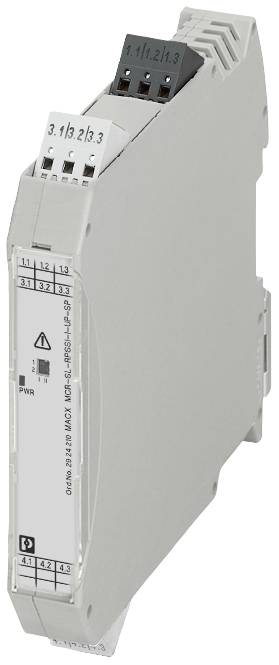 Ein elektronisches Schaltschrankmodul mit mehreren Anschlüssen und einem Gehäuse. Anzeigen und Anschlusskennzeichnungen sind sichtbar.