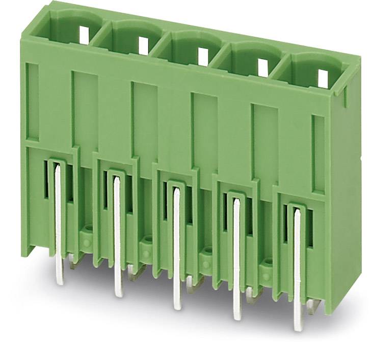 Ein grüner elektrischer Steckverbinder mit fünf Steckplätzen und metallischen Pins unten, verwendet für elektronische Verbindungen.