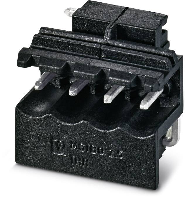 Schwarzer elektrischer Stecker mit vier Metallpins und Wellenform auf der Unterseite, Modellnummer 'MSD 9/4-3' aufgedruckt.