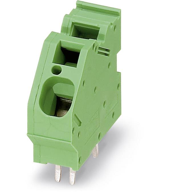 Grüner elektrischer Steckverbinder mit drei Metallpins, geeignet für Leiterplattenmontage.