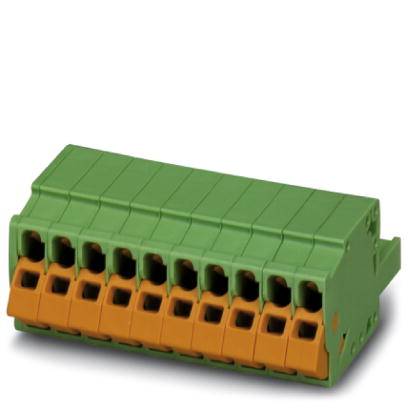 Grüner und orangener Steckverbinder mit mehreren Anschlüssen, geeignet für elektrische Verbindungen.