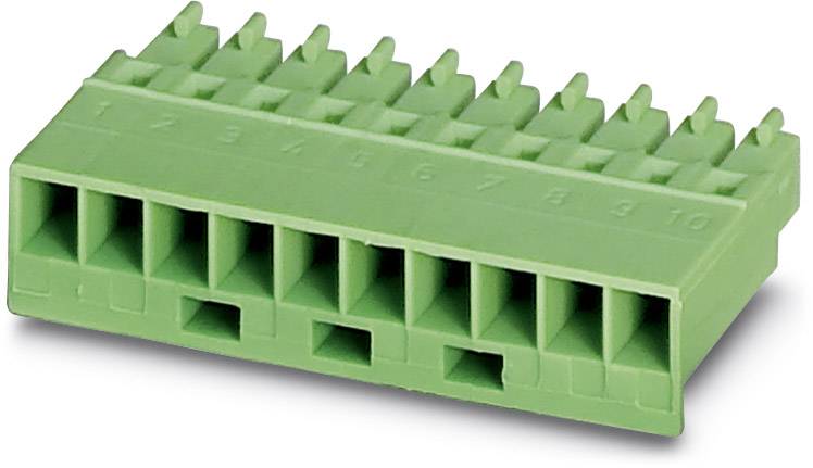 Grüner, rechteckiger Steckverbinder mit zehn nummerierten Öffnungen in zwei Reihen, möglicherweise für elektronische Anschlüsse.