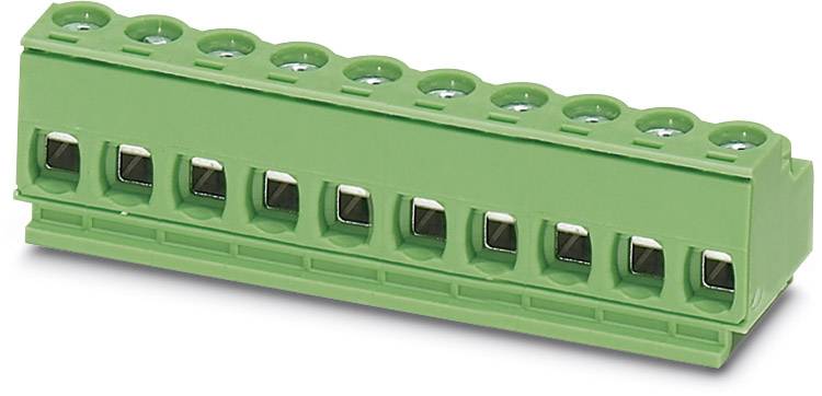 Grüner, rechteckiger Anschlussblock mit zehn Klemmen in einer Reihe. Verwendet für elektrische Verbindungen und Verkabelung.