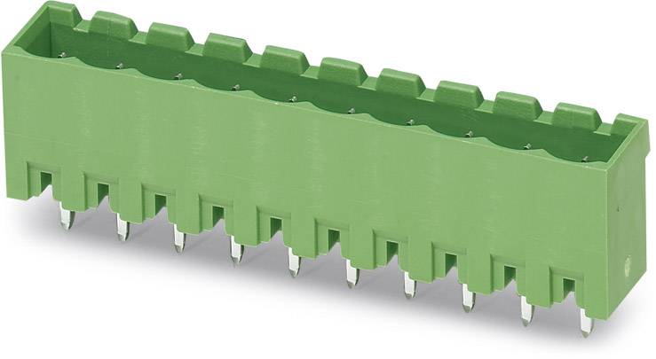 Grüne, rechteckige Steckverbinderleiste mit mehreren Metallstiften unten. Verwendet für elektrische Verbindungen auf Leiterplatten.