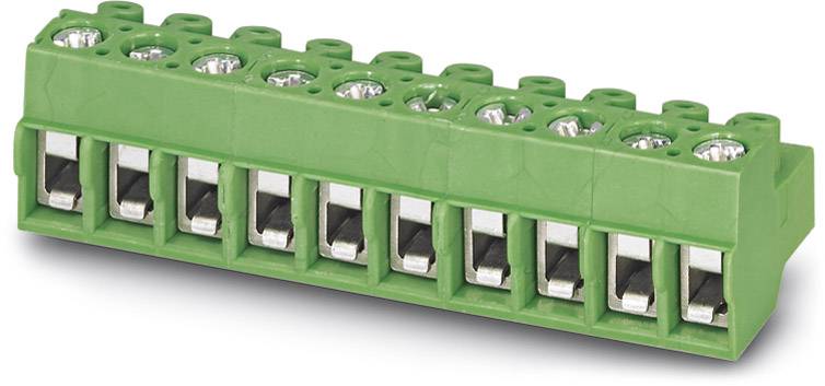 Grüner Steckverbinder mit 10 Anschlüssen, silberne Schraubklemmen oben sichtbar. Wird in elektrischen Schaltungen verwendet.