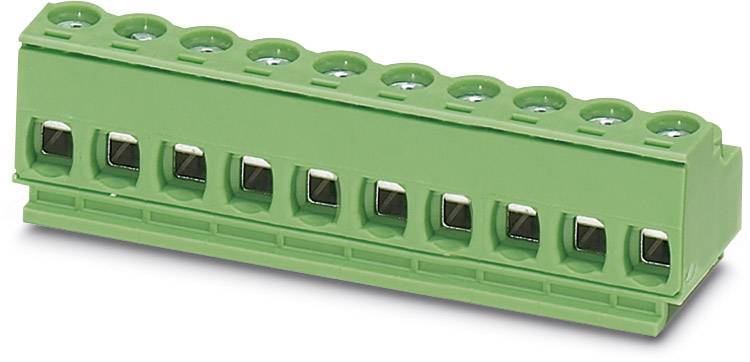 Grüner Leiterplattensteckverbinder mit zehn Klemmen und Schrauben zur elektrischen Verbindung auf einer weißen Fläche.