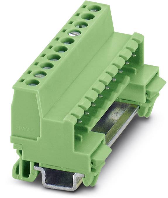 Grüne Klemmenblock für die elektrische Verdrahtung, montiert auf einer Metallschiene.