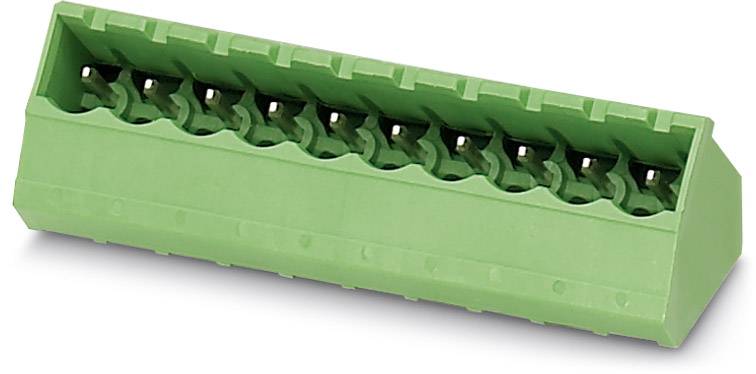 Grüner elektrischer Klemmblock mit zehn Anschlüssen, schräg von der Seite gesehen.