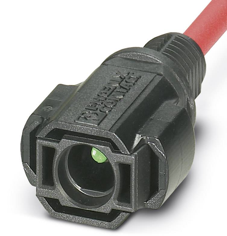 Schwarzer Steckverbinder mit rotem Kabel, geeignet für Energie- oder Datenübertragung, auf einer weißen Hintergrundfläche.