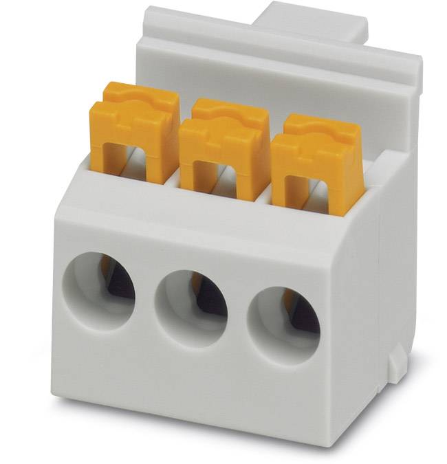 Weiße, dreipolige Steckklemme mit orangen Klemmenhebeln. Geeignet für Anschluss von elektrischen Leitungen auf einer DIN-Schiene.