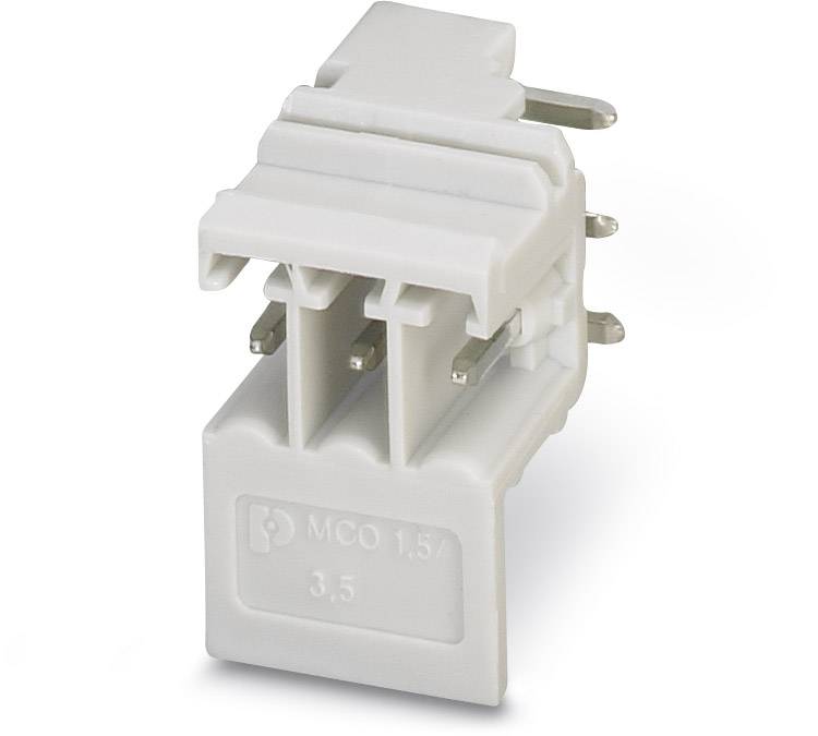 Ein weißer Kunststoffstecker mit Metallkontakten und der Aufschrift 'MCO 1,5 3,5'. Eignet sich für elektrische Verbindungen.