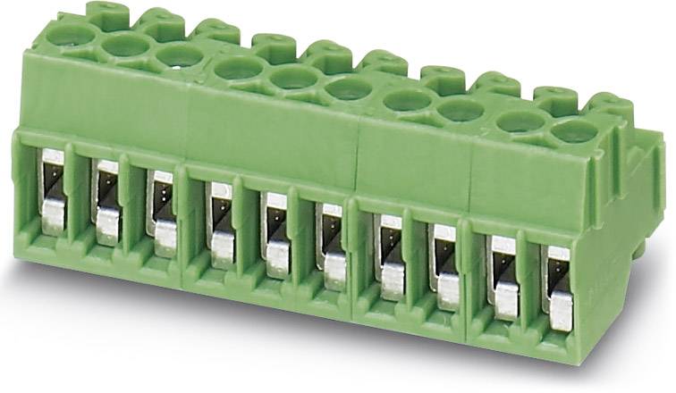 Ein grüner elektrischer Steckverbinderblock mit mehreren Anschlüssen zur Verbindung von Kabeln in elektrischen Schaltungen.