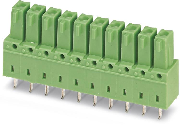 Ein grüner Steckverbinder mit acht Pins zur Befestigung elektronischer Komponenten auf einer Leiterplatte.