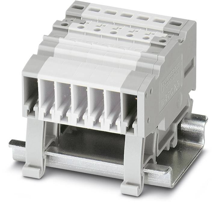 Mehrpoliger, grauer elektrischer Anschlussblock auf einer Metallhalterung. Geeignet für industrielle Verkabelungen.
