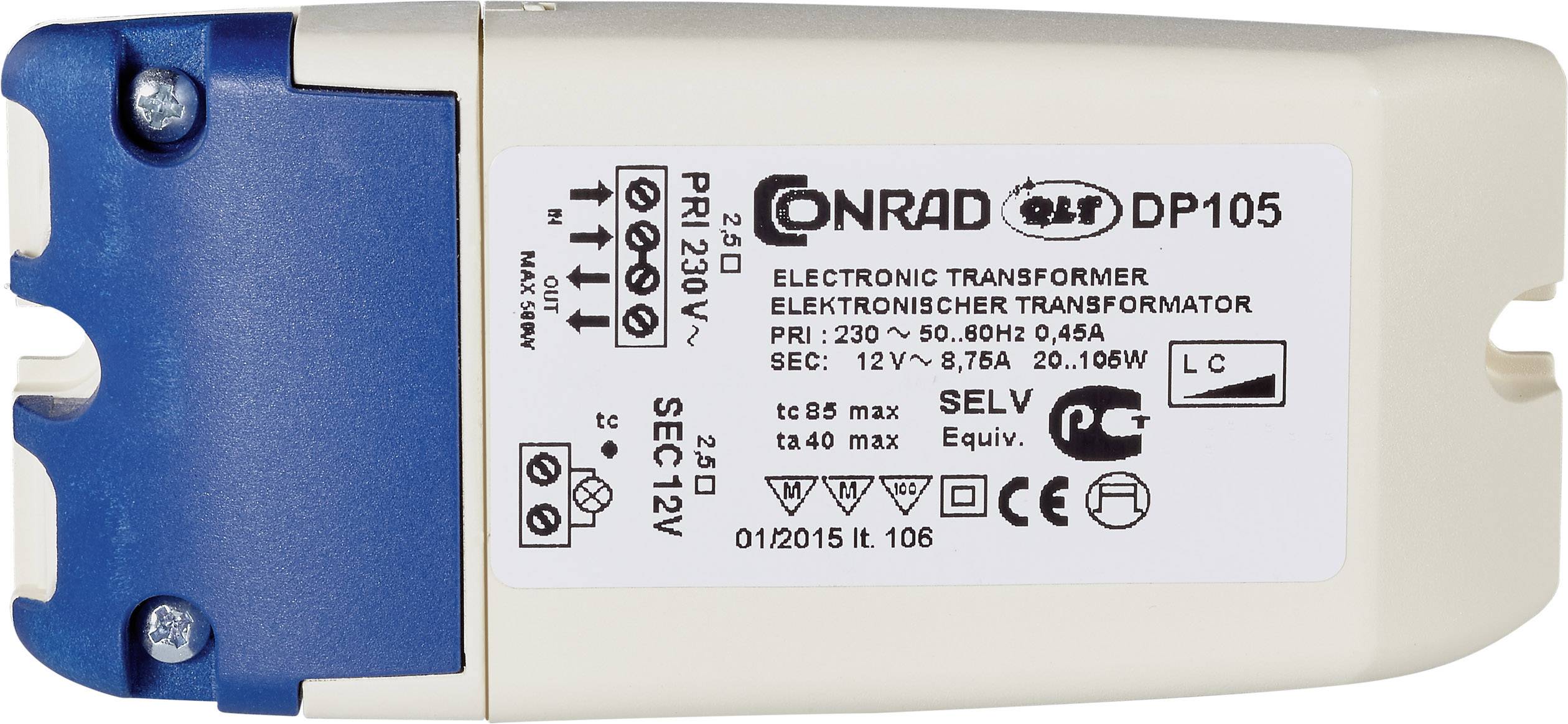 DP 105 Halogen Transformator 12 V 20 - 105 W dimmbar mit Phasenabschnittdimmer, dimmbar mit Phasenanschnittdimmer
