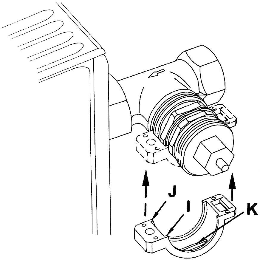 Diagramm eines Ventils mit einem abnehmbaren Ringstück, das durch die Buchstaben I, J und K gekennzeichnet ist. Pfeile zeigen die Montageposition.