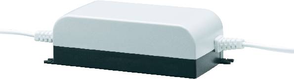 Ein leuchtender, türkisfarbener Router mit schwarzen Kabeln, die auf beiden Seiten verbunden sind. Hintergrund ist neutral gehalten.