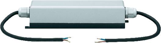 Schwarzer Zylinder, vermutlich ein Kondensator, mit zwei angeschlossenen Kabeln an den Enden.