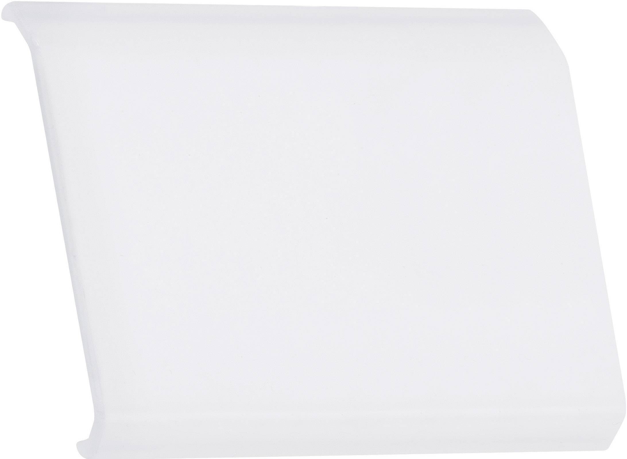 Ein weißes, gebogenes Kunststoffteil, vermutlich als seitliche Abdeckung oder Kantenschutz in einem technischen oder Möbelkontext verwendet.