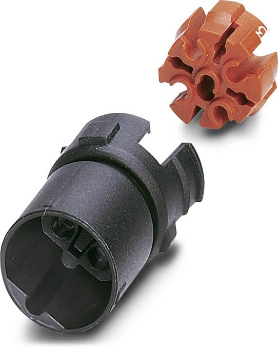 Zweiteiliger, auseinandergebauter Verbinder: Schwarzes zylindrisches Gehäuse und rotes sternförmiges Innenteil zur Kabelverbindung.