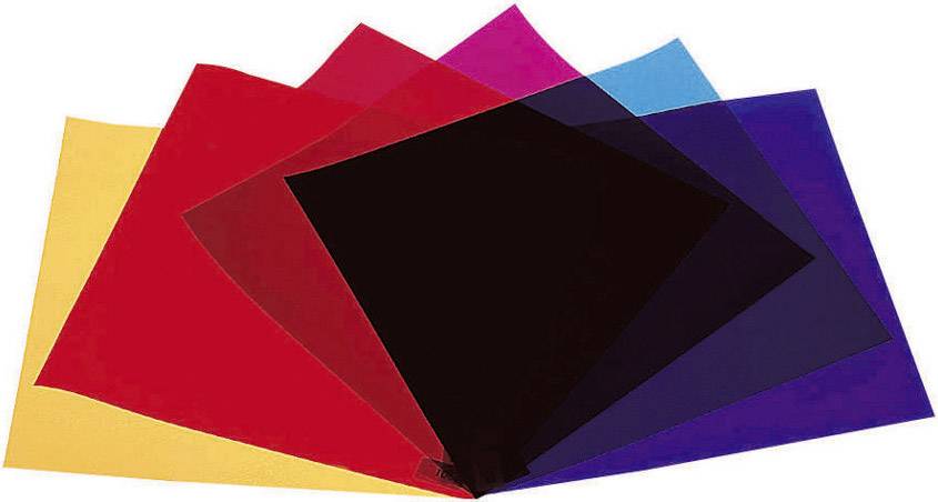 Verschiedene transparente Farbfolien überlappen sich: gelb, rot, pink, schwarz, blau und violett, auf weißem Hintergrund.