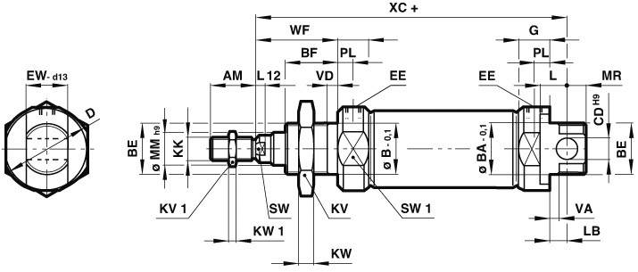 Technische Zeichnung eines Hydraulikzylinders mit detaillierten Maßen und Beschriftungen, zeigt Struktur und Komponenten des Zylinders.
