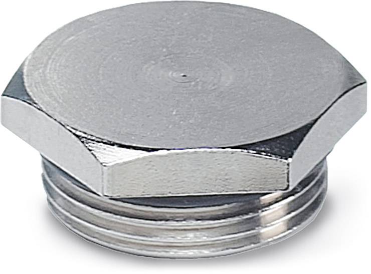 Ein silberner Sechskant-Stopfen aus Metall.