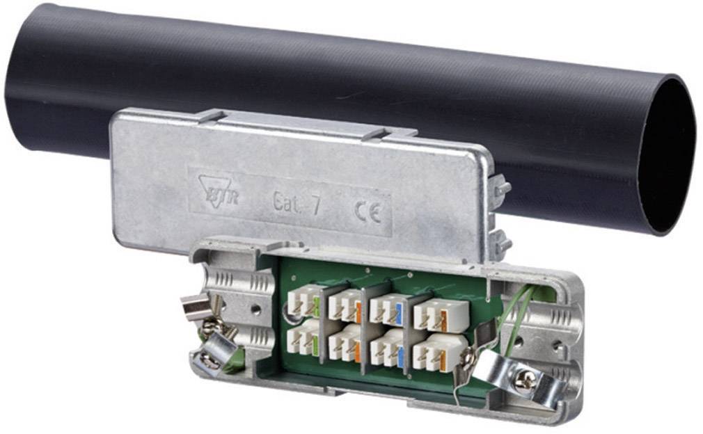 Abgeschirmter Cat.7-Netzwerkstecker mit geöffneter Abdeckung. Sichtbare Anschlüsse und farblich markierte Kabel. Schwarze Kabelabdeckung oben.