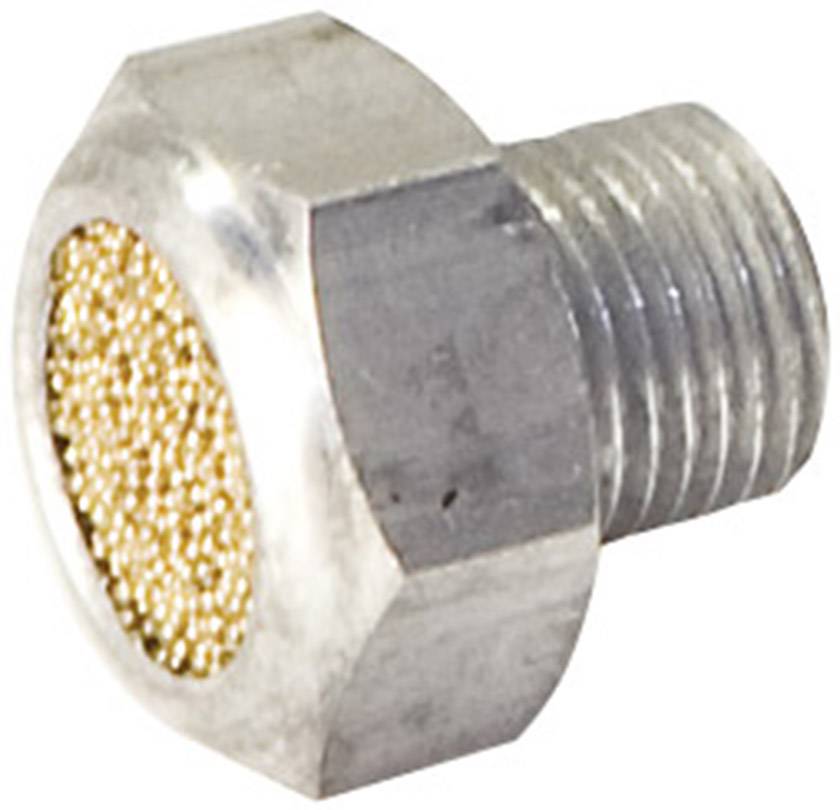Ein silberner Metallstecker mit einem sechseckigen Kopf und einer runden, perforierten Oberfläche.
