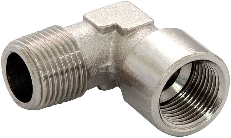Metallwinkelstück mit Innen- und Außengewinde, verwendet zur Verbindung von Rohren in einem 90-Grad-Winkel.