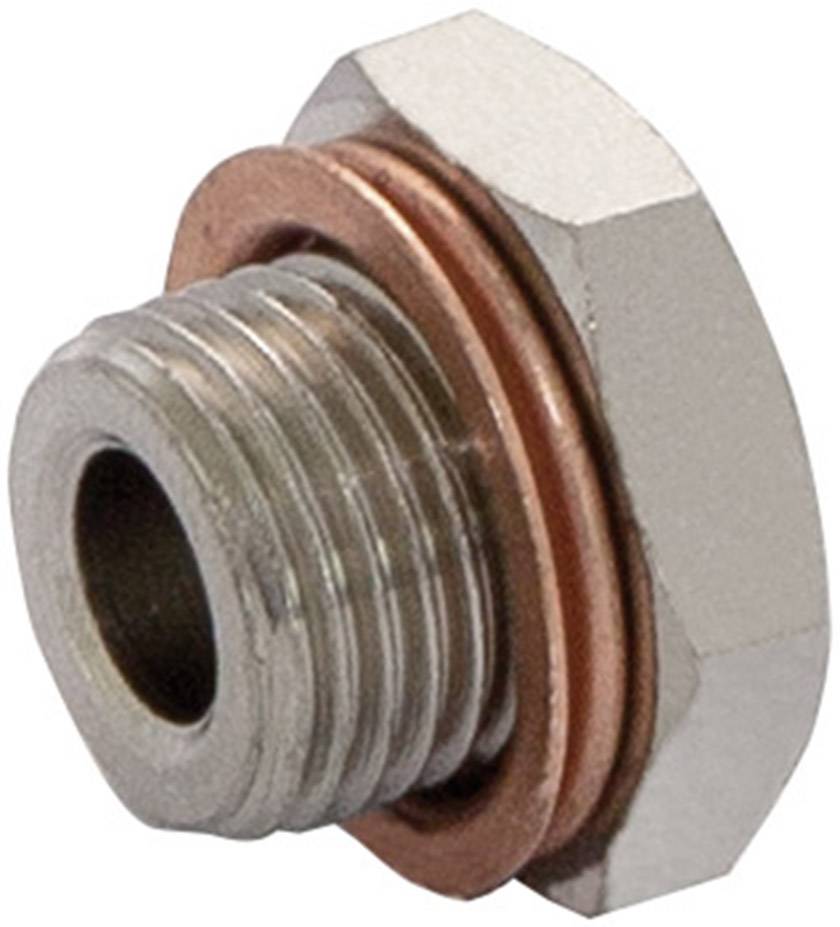 Metallschraube mit Sechskantkopf und Abdichtungsring, seitliche Ansicht. Wichtiger Bestandteil von Maschinen oder Rohrleitungssystemen.