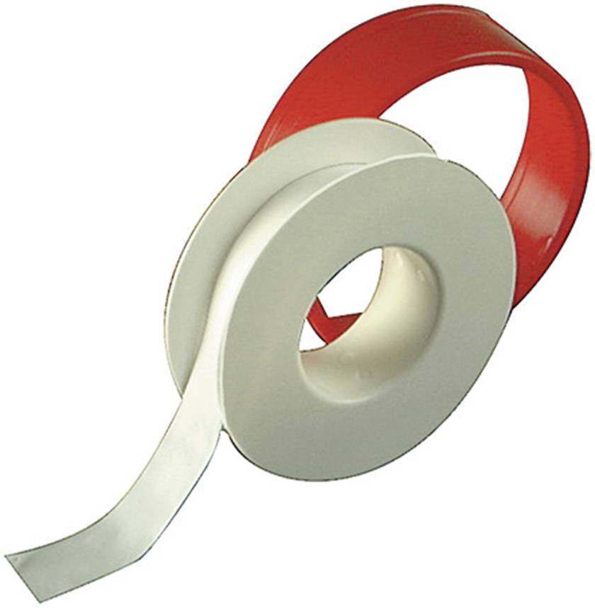 Doppelseitiges Klebeband auf einer Rolle, eine Hälfte rot, die andere weiß.