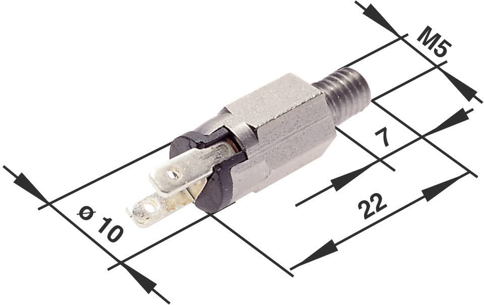 Ein zylindrischer elektrischer Stecker mit Maßen: Durchmesser 10 mm, Länge 22 mm, M5-Gewinde, zeigt technische Zeichnungsmaße.
