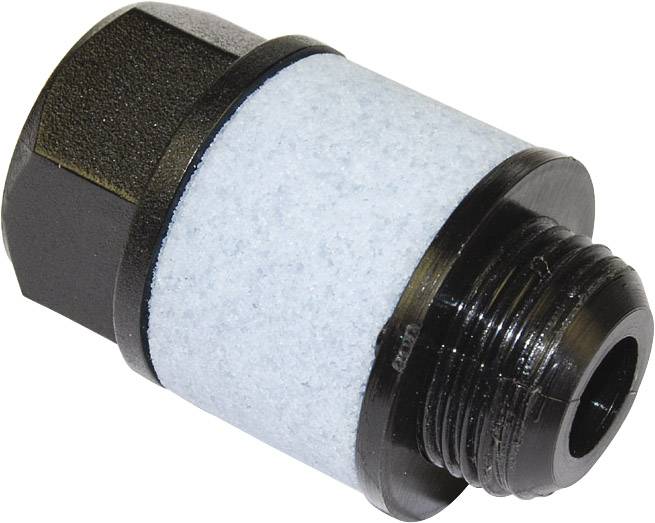 Kleiner, zylindrischer Fitting mit schwarzem Kunststoffgehäuse und weißem Filterelement, vermutlich für Druckluftanwendungen.