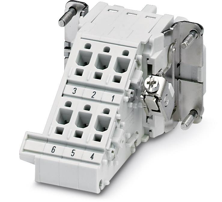 Ein weißer elektrischer Steckverbinder mit sechs nummerierten Anschlüssen und seitlichen Schraubklemmen, geeignet für industrielle Anwendungen.