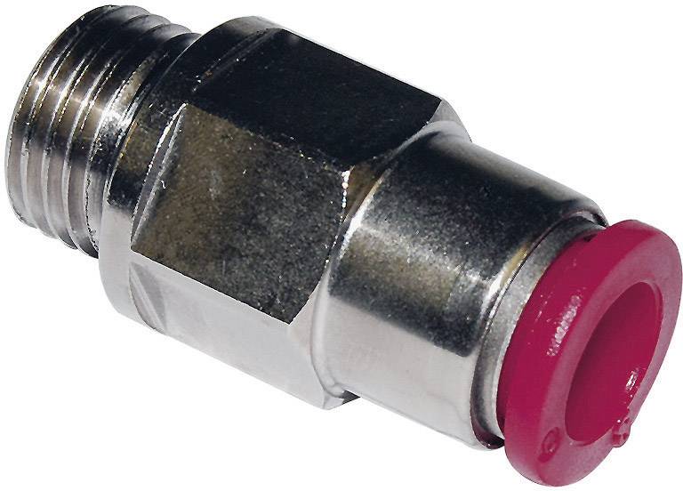 Metallischer Rohrverbinder mit sechseckiger Form, Gewindeanschluss auf der einen Seite und rotem Gummidichtring auf der anderen Seite.