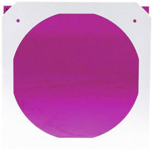 Eine quadratische Farbfolie mit einem runden, magenta-farbenen Zentrum, verwendet zur Filterung von Licht in Fotografie oder Beleuchtung.