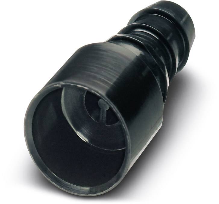 Ein schwarzes Kunststoffstück mit konischer Öffnung und gerillter Struktur, möglicherweise ein Anschluss- oder Verbindungsstück.