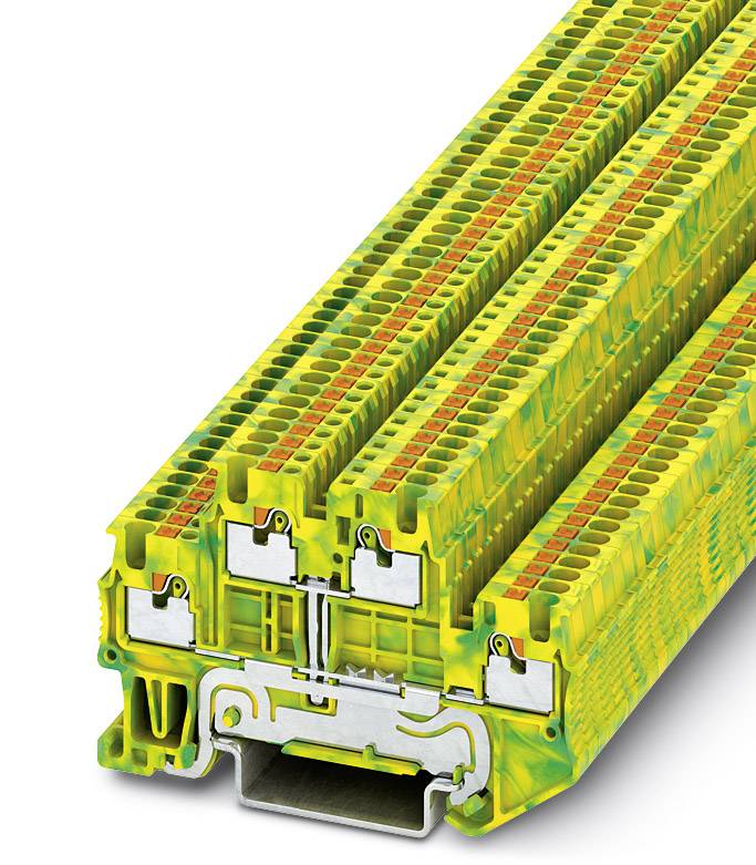 Gelbe Reihenklemme mit grünem und rotem Farbmuster, zeigt elektrische Anschlüsse und Befestigungselemente für Verdrahtung in Schaltschränken.