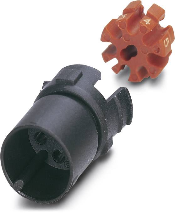 Ein schwarzer Elektronikstecker mit einem abnehmbaren, roten Verbindungselement mit nummerierten Kontakten, die passend eingesetzt werden.